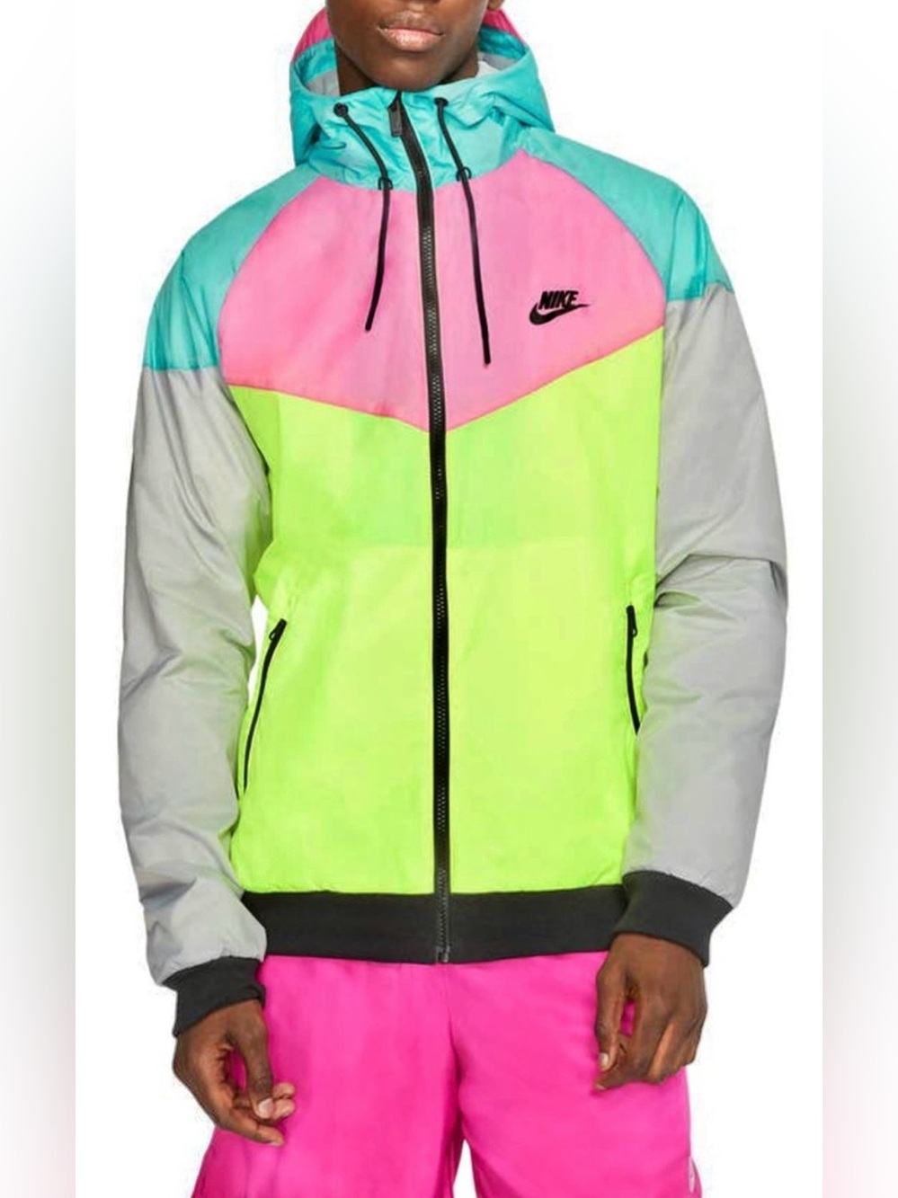Nike Men's Sportswear Heritage Windrunner Jacket in Lotus Pink/Volt/Light Aqua.